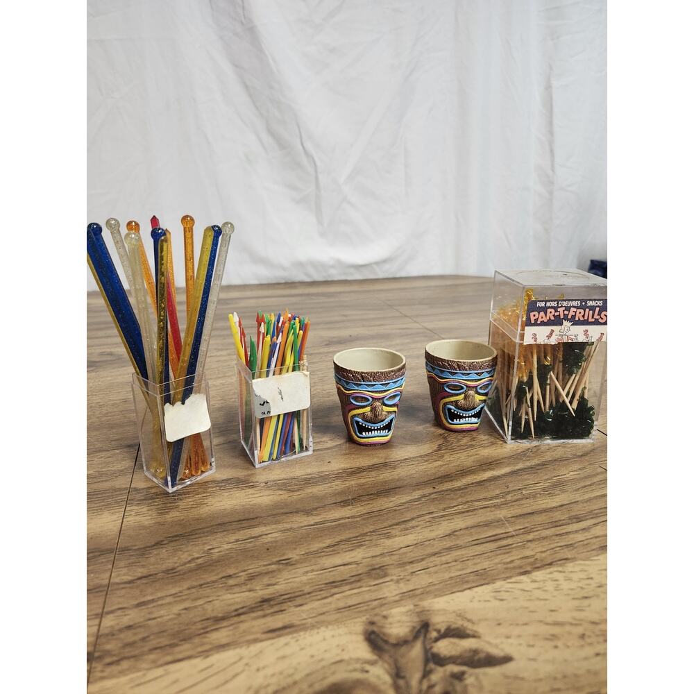 Lot Of Vintage Par-t-frills, Stir Sticks, Tiki Shot Glasses And More Vintage...
